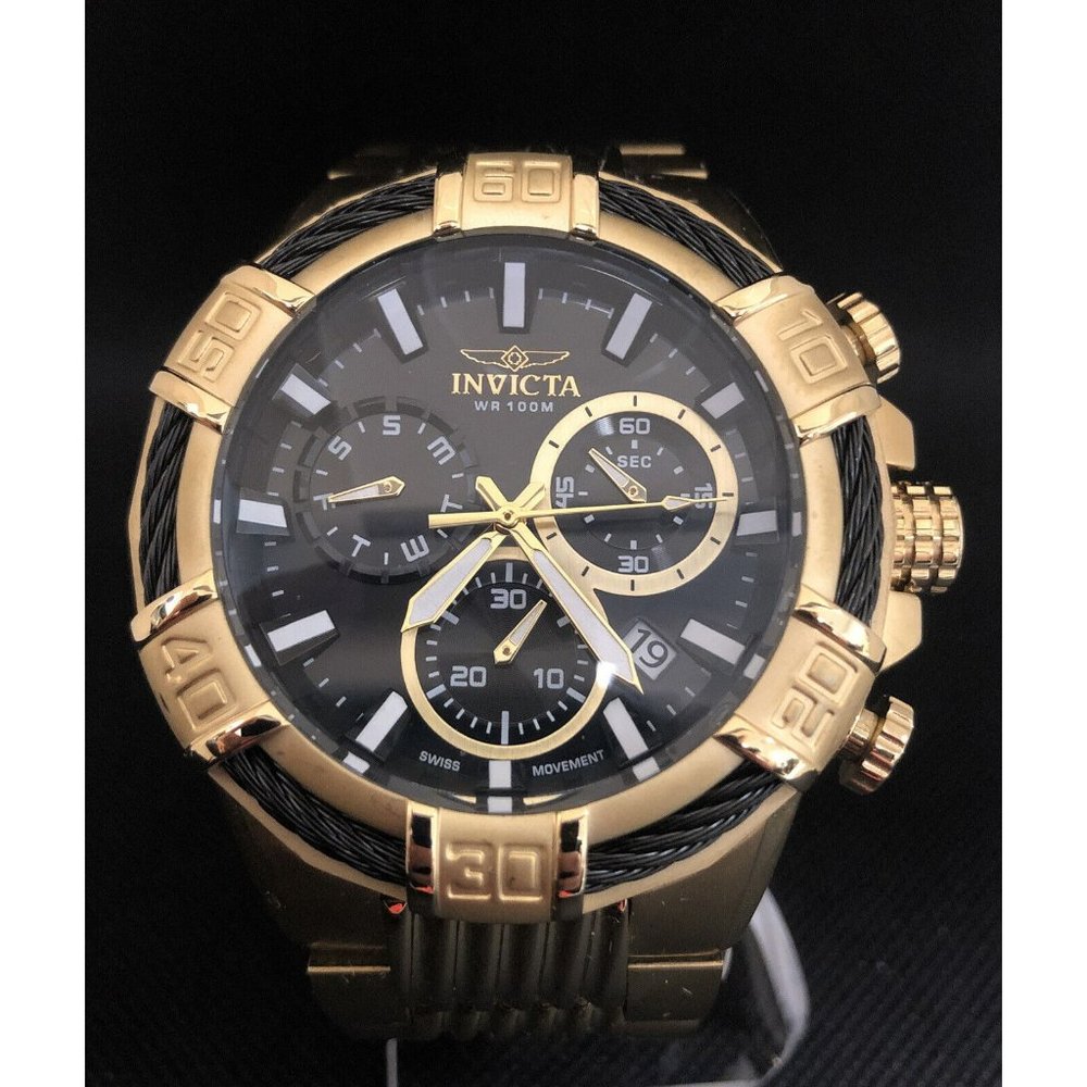 Invicta Men's Watch 25867 Bolt Quartz Chronograph Gold Tone S\S Black Dial Swiss